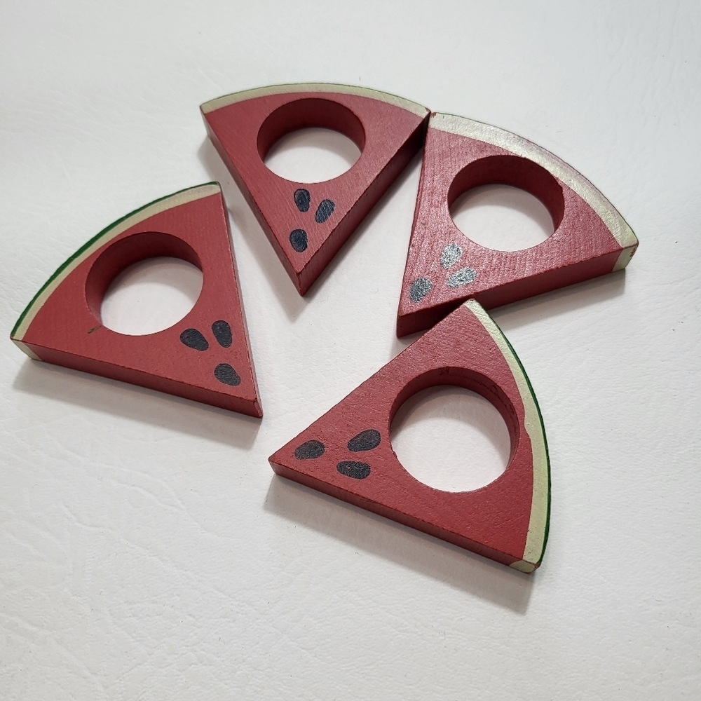 Watermelon Slice Wooden Red Green Black Napkin Rings Set Of 4 - Picture 2 of 3